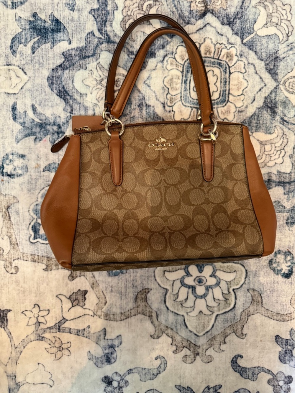 Coach Christie Brown/Tan Monogram Satchel with Leather Trim